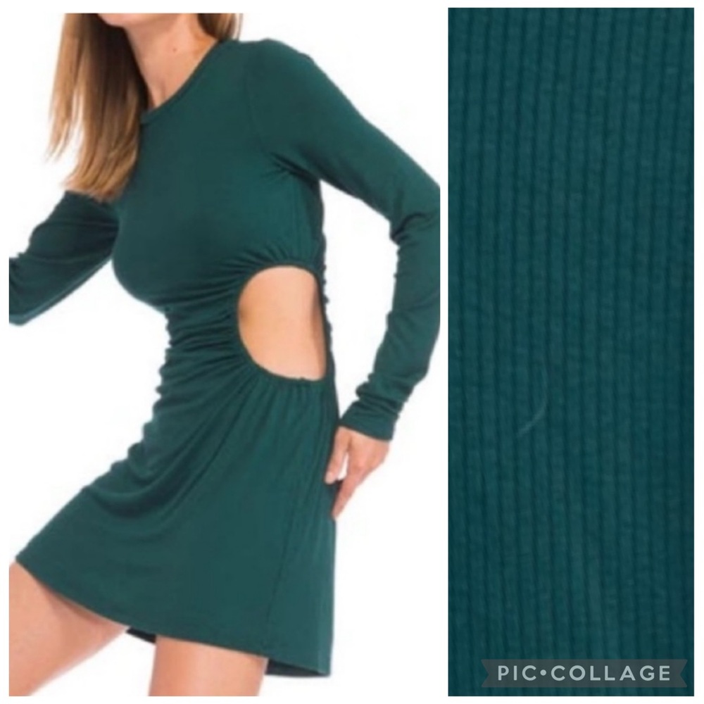 AFRM Long Sleeve Ribbed & Lined Emerald Green Side Cut-Out Dress Size Medium